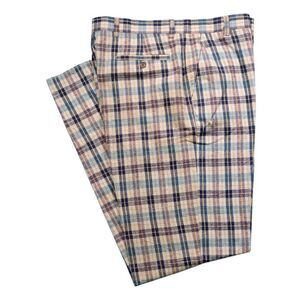 Mens 34 Plaid Chino Pants Beige Blue Cotton Check Flat Front Straight Trousers